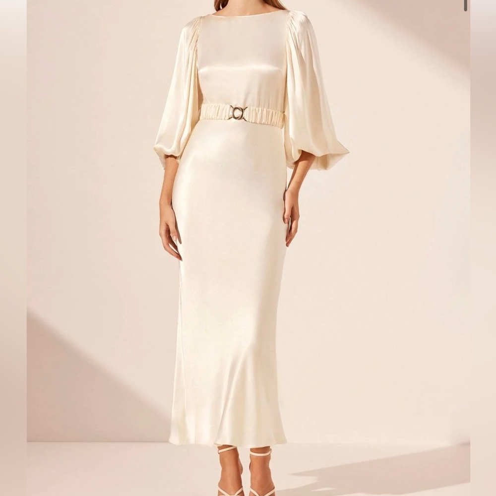 La Lune Balloon Sleeve Midi Dress With Belt - Cream